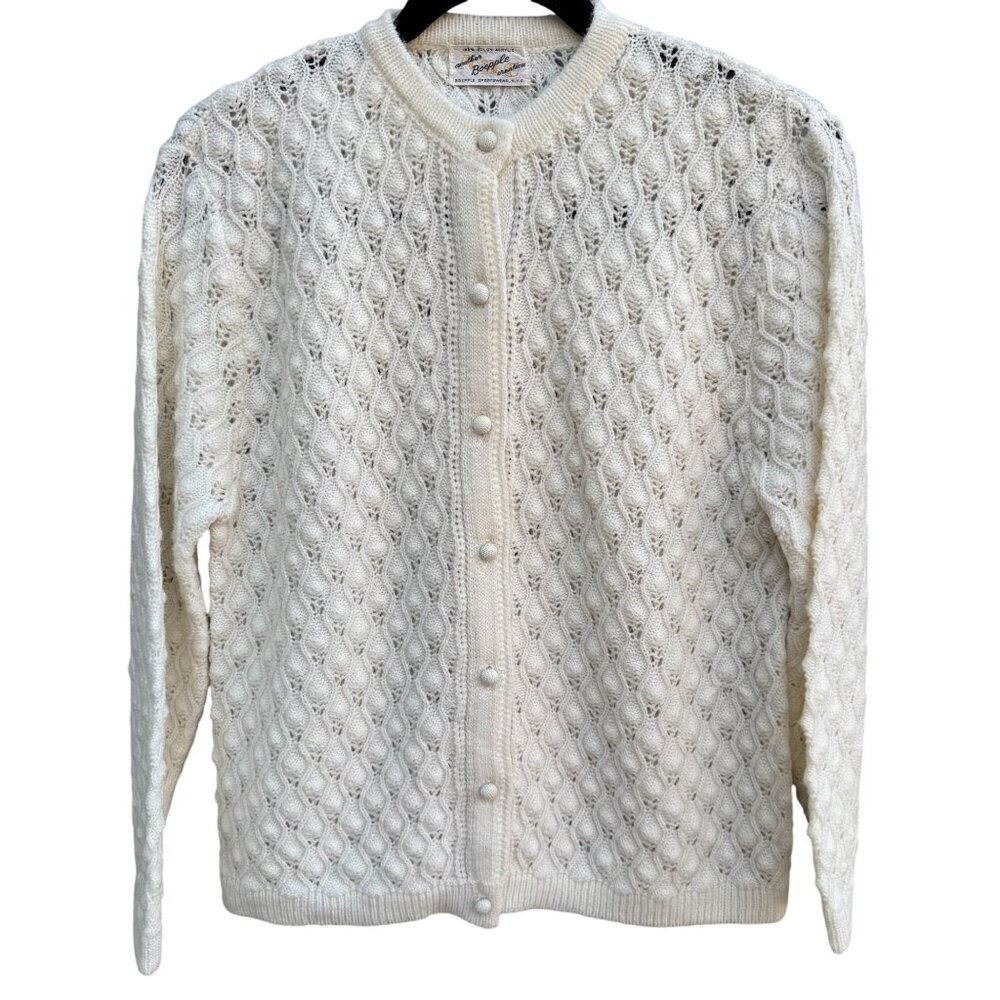 Boepple Vintage 60s Cottage Grandmacore Mod Pointelle Knit Cardigan Sweater L